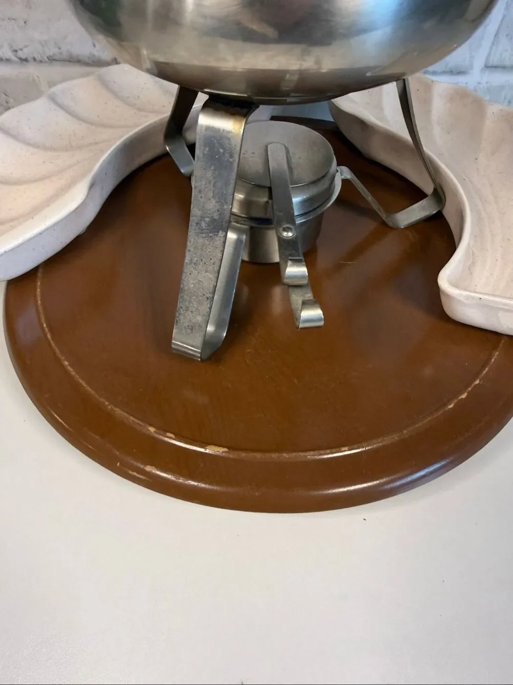 Mid Century Modern Stainless Steel Fondue Set with Lane Ceramic Dishes